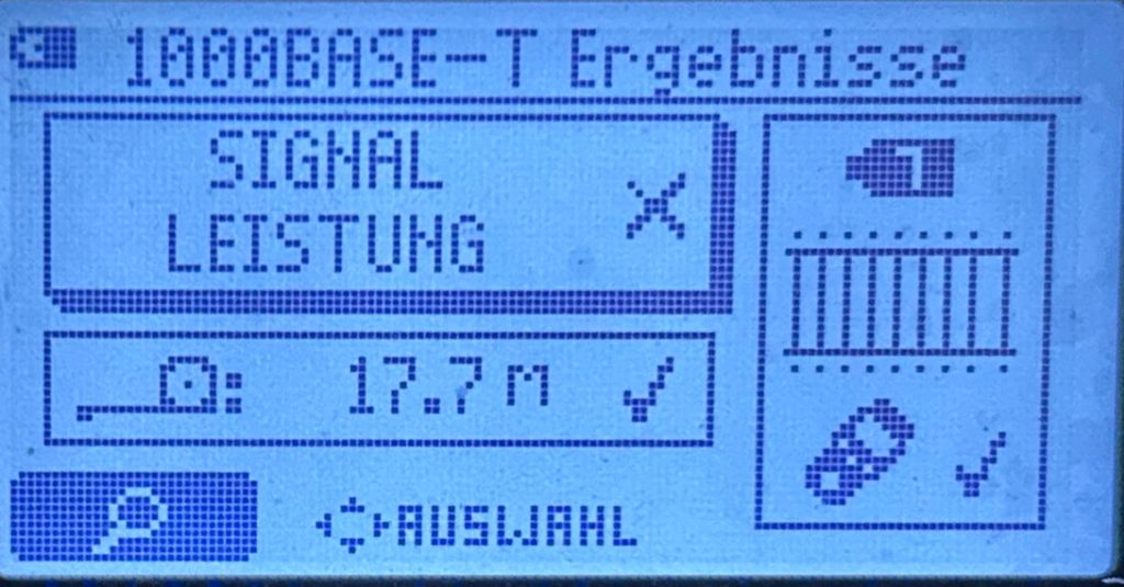 [1000BASE-T Ergebnisse]
SIGNAL LEISTUNG: FEHLER
Länge: 17.7m
Wiremap OK