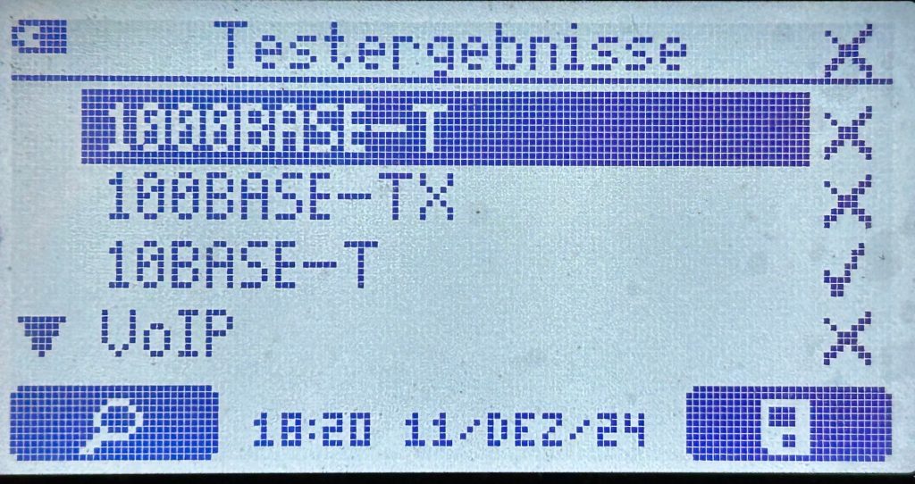[Testergebnisse]

1000BASE-T NO
100BASE-TX NO
10BASE-T YES
VoIP NO